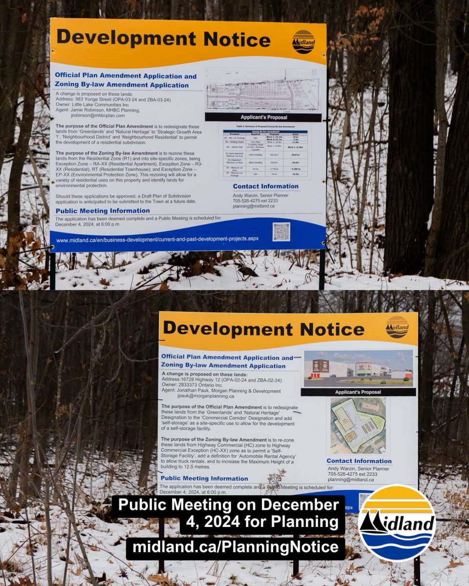 Tomorrow is the public meeting for two privately-initiated applications to amend the Town's Official Plan and Zoning By-law. ‼️
Attend in person (Town hall) or virtually (on Zoom).  Find more on the both applications, and official notices on our website midland.ca/PlanningNotice.