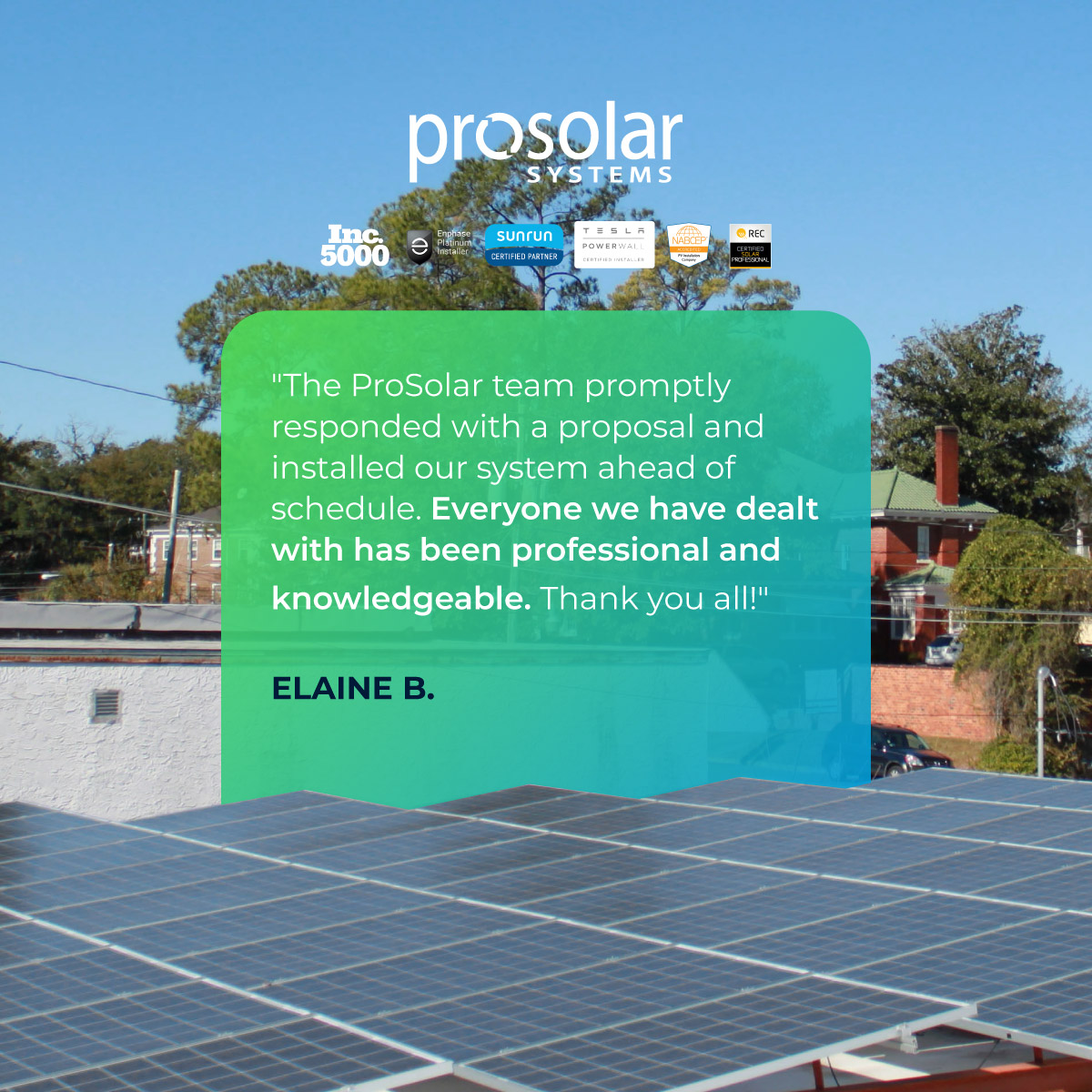 ProSolarCali's tweet image. 🌟 "Professional and knowledgeable—the ProSolar way!" Elaine B. is thrilled with her solar journey. 💡☀️ Ready to go solar? Visit prosolarcalifornia.com today! 

#SolarEnergy #ProSolarCalifornia #CleanEnergy #RenewableEnergy #CustomerPraise #GoGreen #CaliforniaSolar