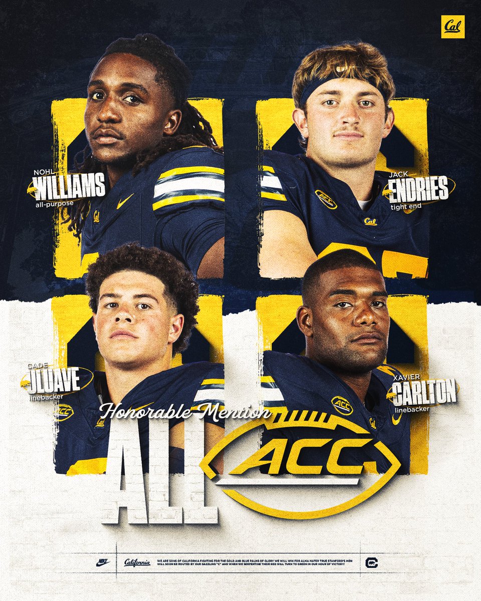 𝙃𝙤𝙣𝙤𝙧𝙖𝙗𝙡𝙚 𝙈𝙚𝙣𝙩𝙞𝙤𝙣 𝘼𝙡𝙡-𝘼𝘾𝘾 🏆

<a href="/NohlWilliams/">Nohl Williams</a> x <a href="/JackEndries/">Jack Endries</a> x <a href="/cadeuluave/">Cade Uluave</a> x <a href="/xaviercarlton44/">Xavier T. Carlton</a> 

#GoBears | #ALLIN