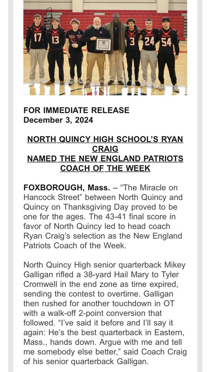 North Quincy’s Ryan Craig honored by the Patriots as HS Coach of the Week.