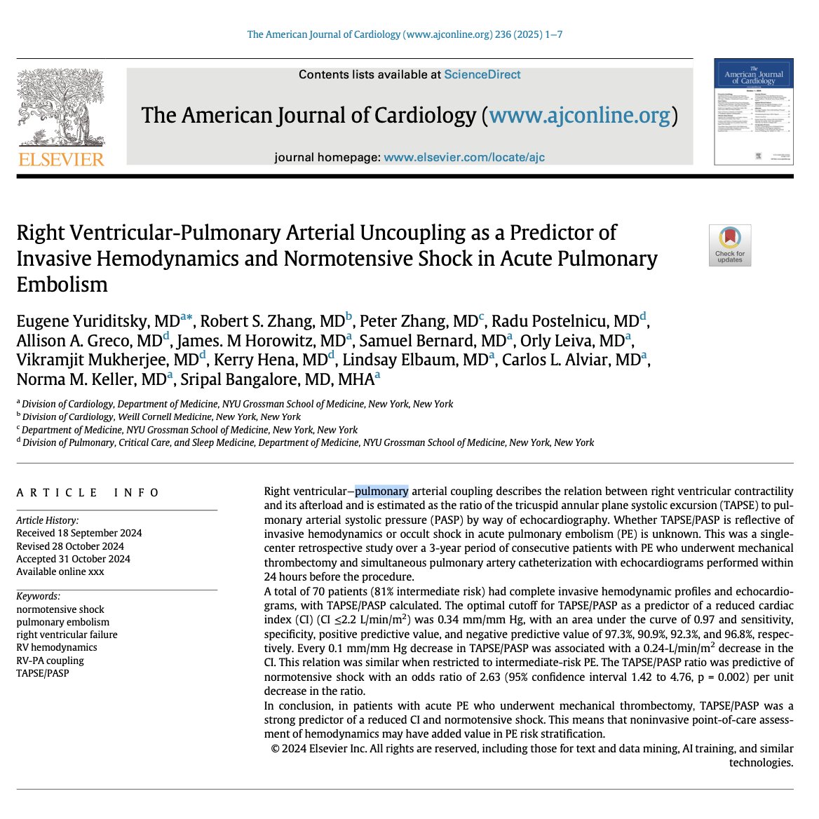 NYULangonePCCSM (@nyulangonepccsm) on Twitter photo A Multidisciplinary team from <a href="/nyulangone/">NYU Langone Health</a> & <a href="/BellevueHosp/">NYC Health + Hospitals/Bellevue</a> discusses the TAPSE/PASP ratio as a predictor of hemodynamics & normotensive shock in acute PE in @AmJCardiology
🔓 bit.ly/4hVyQqd
#PulmonaryEmbolism #CriticalCare #Cardiology #PERT #VTE A Multidisciplinary team from <a href="/nyulangone/">NYU Langone Health</a> & <a href="/BellevueHosp/">NYC Health + Hospitals/Bellevue</a> discusses the TAPSE/PASP ratio as a predictor of hemodynamics & normotensive shock in acute PE in @AmJCardiology
🔓 bit.ly/4hVyQqd
#PulmonaryEmbolism #CriticalCare #Cardiology #PERT #VTE