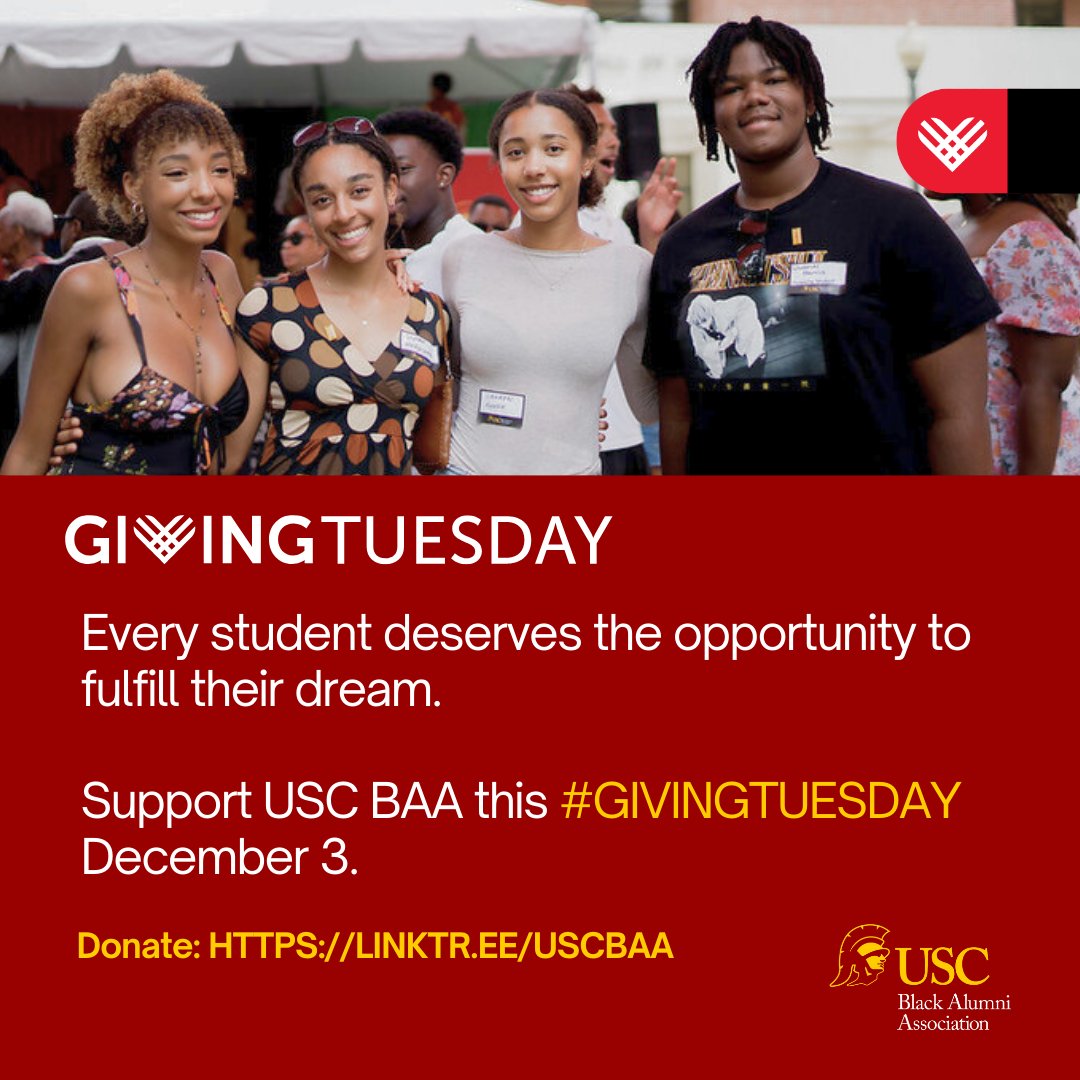 Today, you can make a difference in the lives of current and future #USCBAA Scholars this #GivingTuesday by supporting the USC Black Alumni Association Scholarship Fund. 🎓💛  
🔗 Click here to donate: linktr.ee/uscbaa