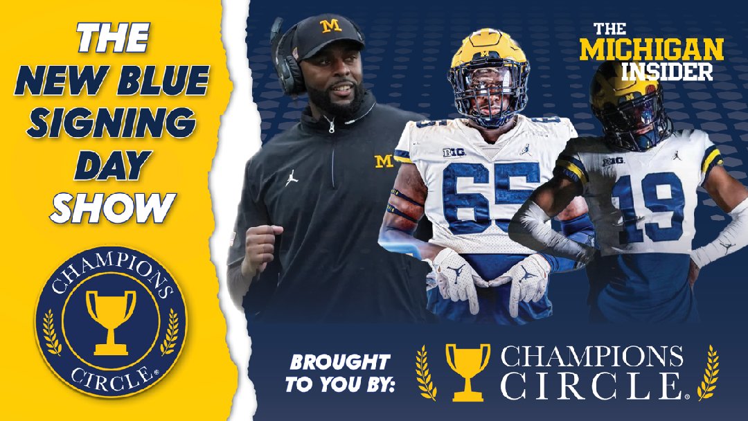 SamWebb77's tweet image. Be sure to tune tomorrow to TMI's LIVE broadcast of The New Blue Signing Day Show brought to you by @ChampCircleUofM. Pre-show begins a 2pm. program 3pm-5pm. Guests include @Coach_SMoore, staff members, and of course, several members of #Michigans 2025 recruiting class #GoBlue -