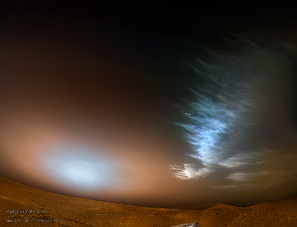 If you could stand on Mars -- what might you see? You might look out over a vast orange landscape covered with rocks under a dusty orange sky, with a blue-tinted Sun over the horizon, and odd-shaped water clouds hovering high overhead. This was just the view captured last March