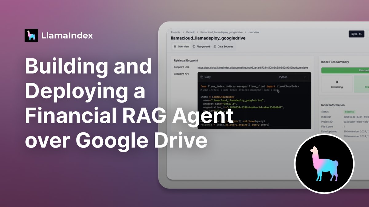 jerryjliu0's tweet photo. Build and deploy a financial RAG agent over Google Drive 📈📑

Building a simple agent in a notebook is easy, but this tutorial goes through the full process of productionization an agent over your data: 

1. Make the document ingest a proper data pipeline that can do incremental syncs - thanks to LlamaCloud! 

2. Convert the agent workflow into a set of microservices that can communicate with an underlying message queue.

Code: https://t.co/EErxyj1Cih
Video: https://t.co/wlVx7hF0ku
Signup: https://t.co/XYZmx5TFz8