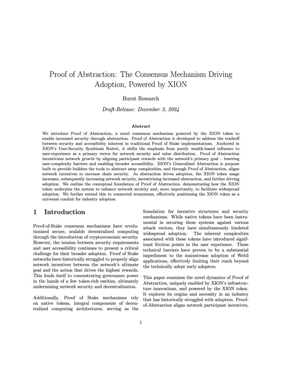 Introducing the $XION token whitepaper and economics.

xion.burnt.com/xion_token_whi…

$XION powers the novel Proof-of-Abstraction consensus mechanism to enable increased security through abstraction, addressing the common Proof-of-Stake tradeoff between security and accessibility.