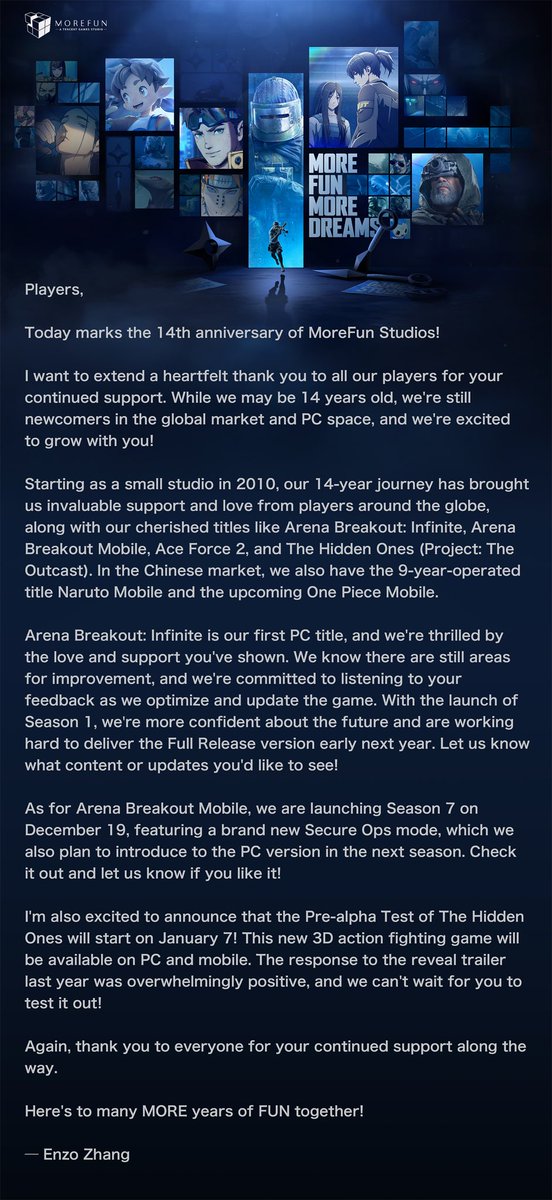 Happy 14th birthday to <a href="/MoreFunStudios/">MoreFun Studios</a> <a href="/TheHiddenOnesEN/">The Hidden Ones</a> <a href="/ArenaBreakoutPC/">Arena Breakout Infinite</a> <a href="/Arena__Breakout/">Arena Breakout</a> <a href="/PlayAceForce2/">Ace Force 2</a>