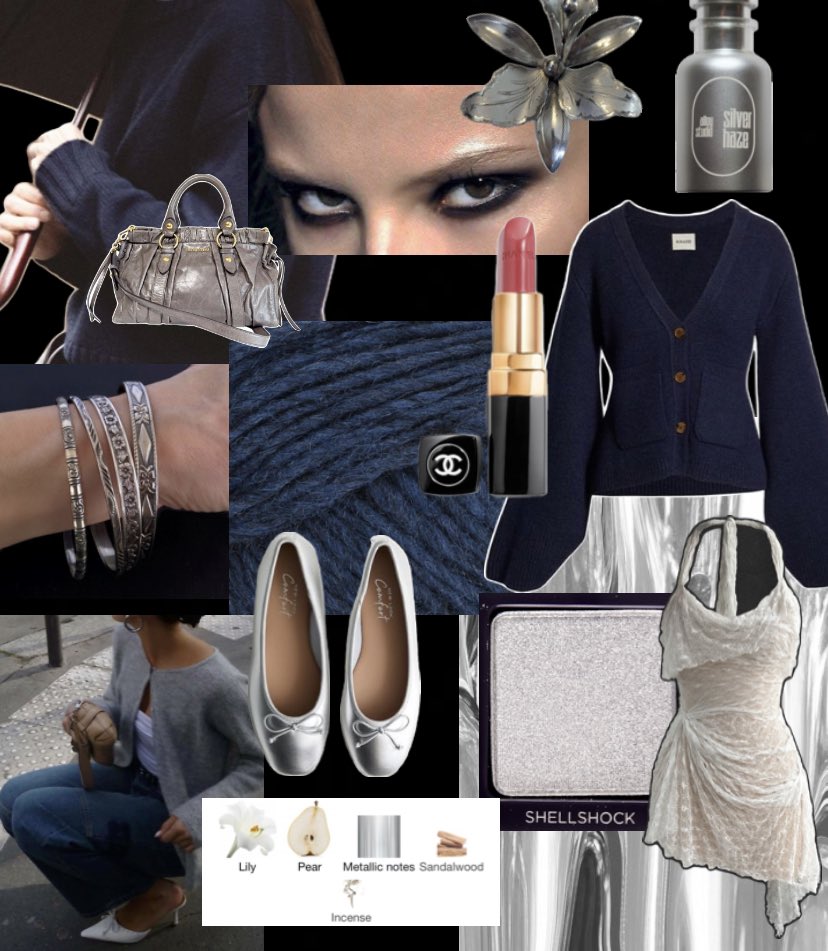 helencftroy's tweet photo. december fashion inspo: silver everything, blue sweaters, chunky jewelry, kitten heels and jeans combo, short skirts, peachy lips, maxi bags, white lace, fruity and metallic fragrances https://t.co/sP9CYeh80y