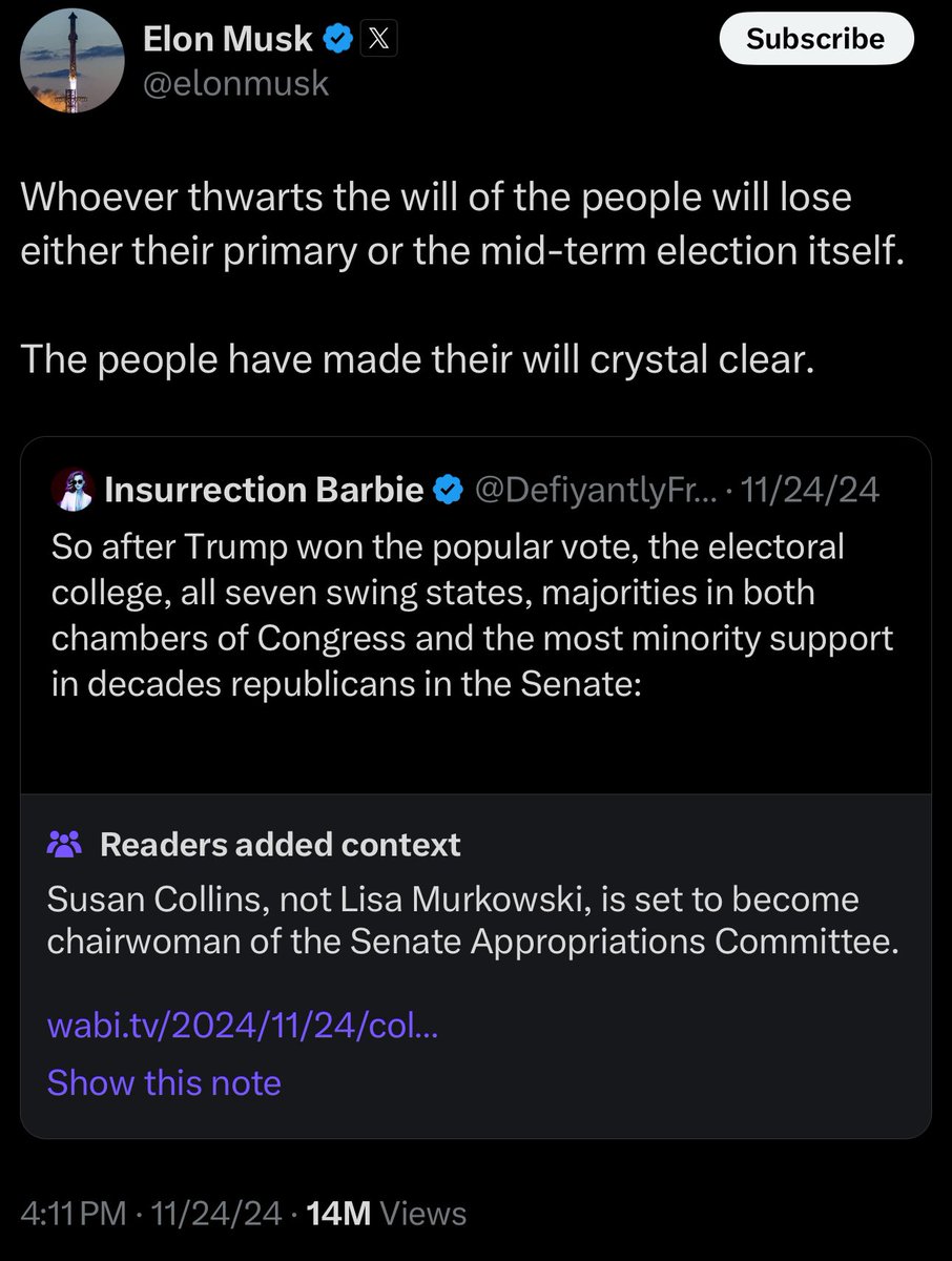 LauraLoomer's tweet photo. 🚨

Hey @elonmusk @VivekGRamaswamy 

How can Senator Joni Ernst @SenJoniErnst, who is on the Senate Armed Services Committee be the founder of the Senate DOGE caucus and work with you guys at DOGE when today, it was reported that RINO Senator Joni Ernst @SenJoniErnst said she isn’t committed to supporting the nomination of @PeteHegseth as Trump’s Secretary of Defense and cited leftist smears of him involving women and alcohol as the reason why? 

On November 22, 2024, Senator Ernst issued a press release announcing her creation of the Senate DOGE CAUCUS. 

Elon, I know you said you will fund primary elections against GOP Senators who oppose Trump’s mandate and his agenda. 

Are you going to start with Joni Ernst who will be working with you at DOGE? 

If you don’t primary her, then people won’t take your threat of primary elections seriously because they will see there was zero accountability for Joni Ernst who is taking selfies at Mar a Lago one day and then saying she won’t support Trump’s cabinet picks the next day. 

This is why it’s so important that we speak out now and that you keep your word. 

How will @DOGE resolve this conundrum so we can fix our country and hold Senators to their word? 

A person shouldn’t be allowed to work with DOGE if they oppose any of @realDonaldTrump’s nominations for his cabinet. 

We have to be consistent. 

Don’t you agree? 

RECEIPTS👇🏻

https://t.co/QsQMYM6c1F