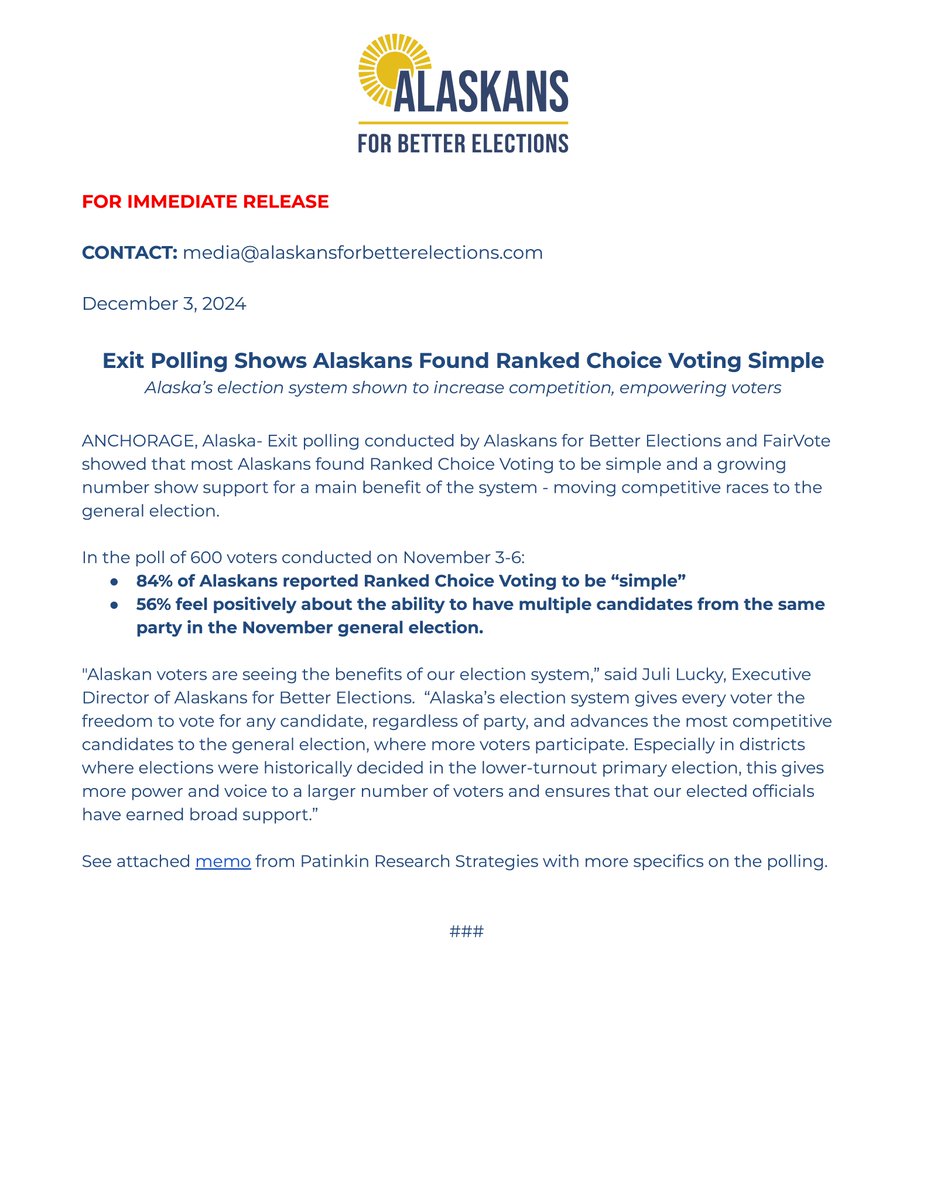 Alaska’s election system gives every voter the freedom to vote for any candidate, regardless of party, and advances the most competitive candidates to the general election.

More info and polling data: alaskansforbetterelections.com/exit-polling-s…