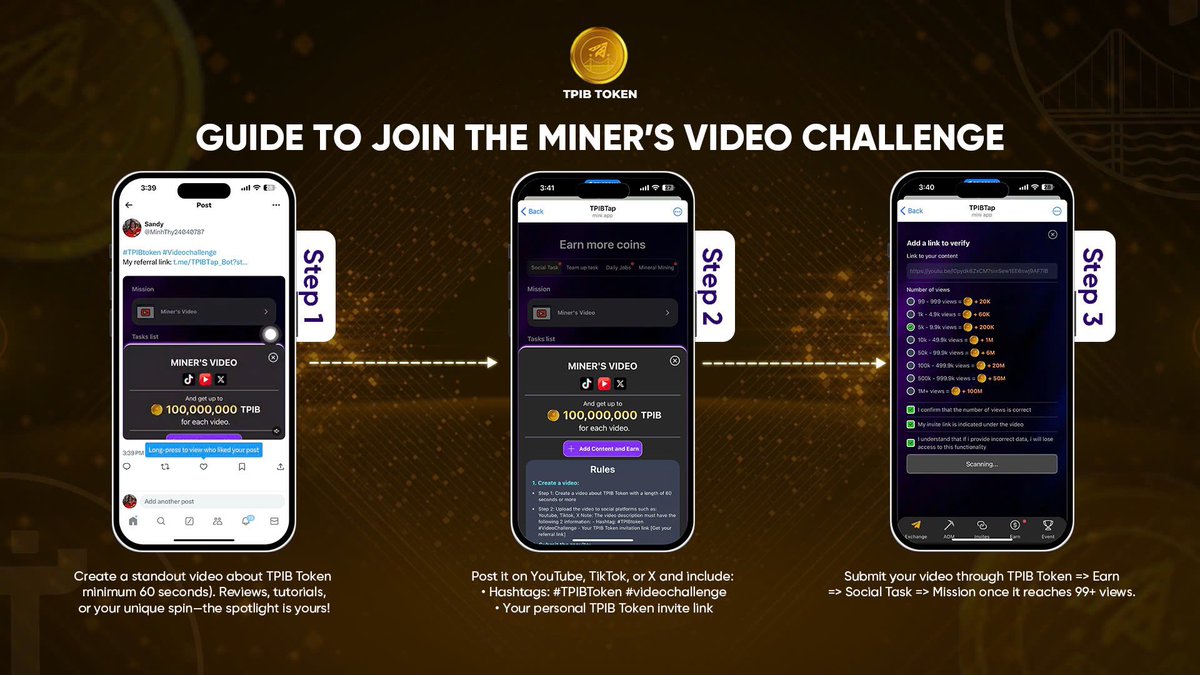 TPIBToken's tweet photo. ๐ JOIN THE MINERโS VIDEO CHALLENGE ๐
๐ฅ Create a 60s+ video about $TPIB and win 100,000,000 $TPIB!
๐น Post on YouTube, TikTok, or X.
๐น Use hashtags: #TPIBToken #videochallenge
๐น Submit once you hit 99+ views.
๐ Start now: https://t.co/3yt25FnEHu
๐ก Unleash your creativity and win big!