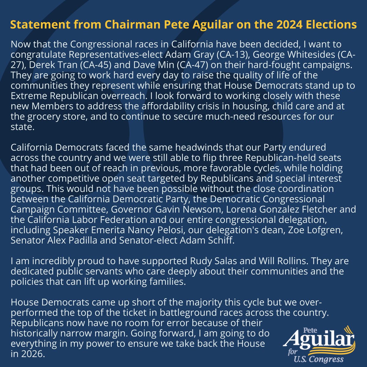 My statement on the 2024 election now that California’s congressional races have been decided and House Democrats flipped 3 seats.