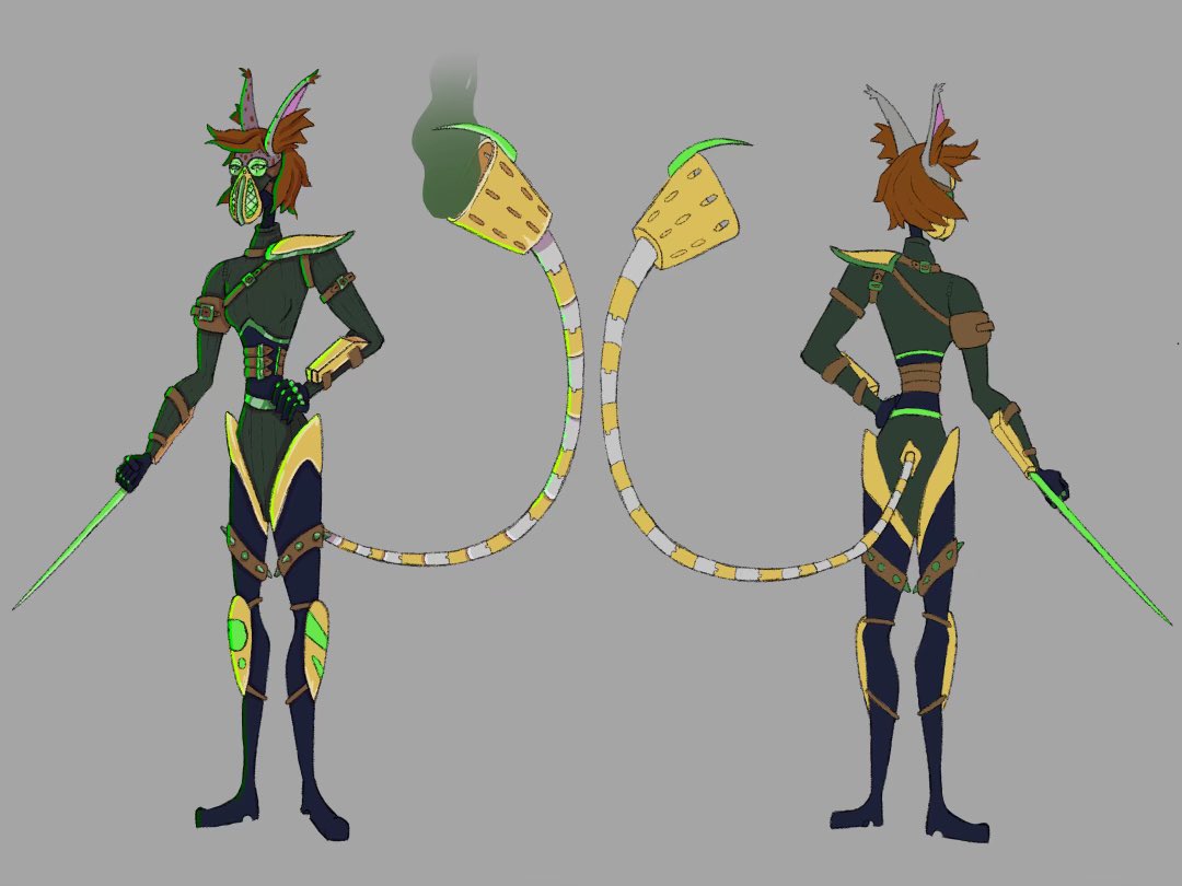 cubetortoise's tweet photo. A character I drew inspired by Arcane. 

Kelmyra is a Zaunite assassin that works for anyone who pays high enough, but mostly Chem-Barons, using her chem-tech blades and tail and blasted noxious gas to disorient and dispatch her quarry. 

#arcane #arcanefanart https://t.co/dZ8YRyX87R