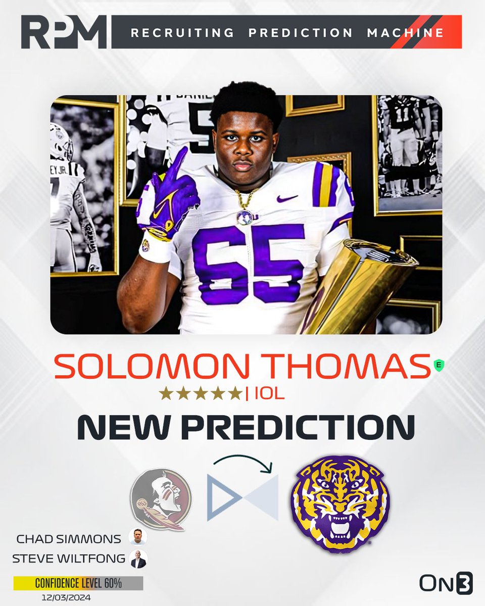 Rivals's tweet photo. On3's @SWiltfong_ and @ChadSimmons_ have logged expert predictions for LSU to flip 5-star Florida State IOL commit Solomon Thomas🐯

Intel: https://t.co/p4ljN7A4Iv https://t.co/031zEkcC45