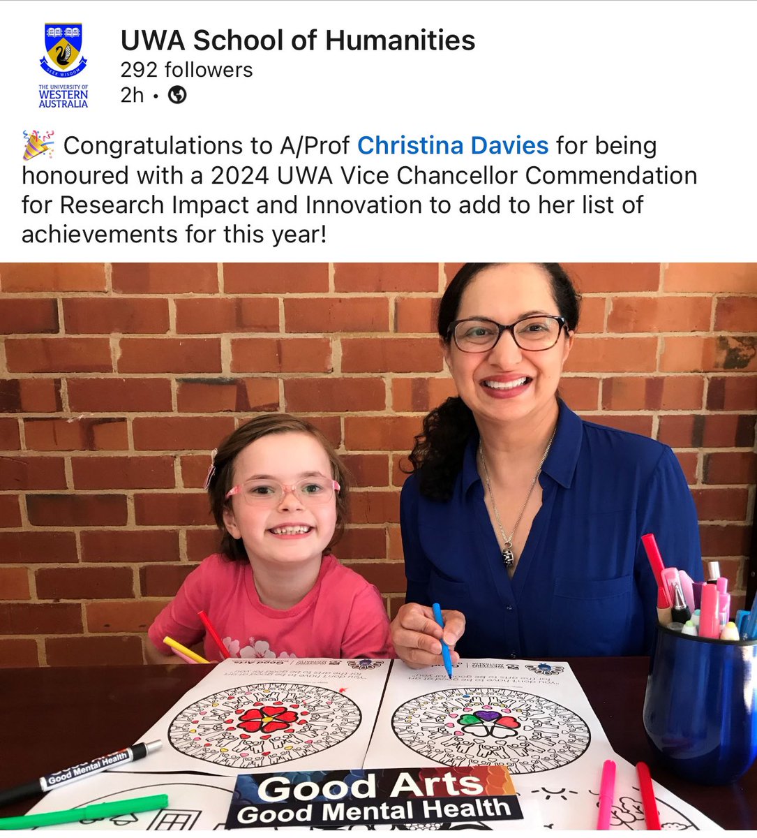 Christina Davies (@drcdavies) on Twitter photo Thank you UWA, <a href="/UWA_SAH/">UWA School of Allied Health</a> & School of Humanities. Iām humbled to receive a Vice Chancellor Research Impact Commendation for Good Arts, Good Mental Health goodartsgoodmentalhealth.com.au & my āArts Doseā of 2hrs/wk goo.gl/6usL8H šCongrats to all the award winnersāļø <a href="/UWAresearch/">UWA Research</a> Thank you UWA, <a href="/UWA_SAH/">UWA School of Allied Health</a> & School of Humanities. Iām humbled to receive a Vice Chancellor Research Impact Commendation for Good Arts, Good Mental Health goodartsgoodmentalhealth.com.au & my āArts Doseā of 2hrs/wk goo.gl/6usL8H šCongrats to all the award winnersāļø <a href="/UWAresearch/">UWA Research</a>