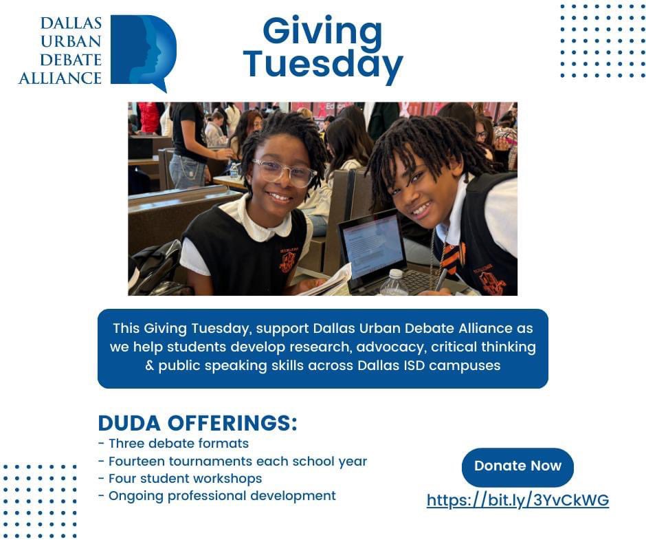 This Giving Tuesday, we ask you to consider supporting our mission to expand access to debate in Dallas. 

You can donate at bit.ly/3YvCkWG 

To see if your company will match your donation, check this directory: doublethedonation.com/tips/giving-tu…