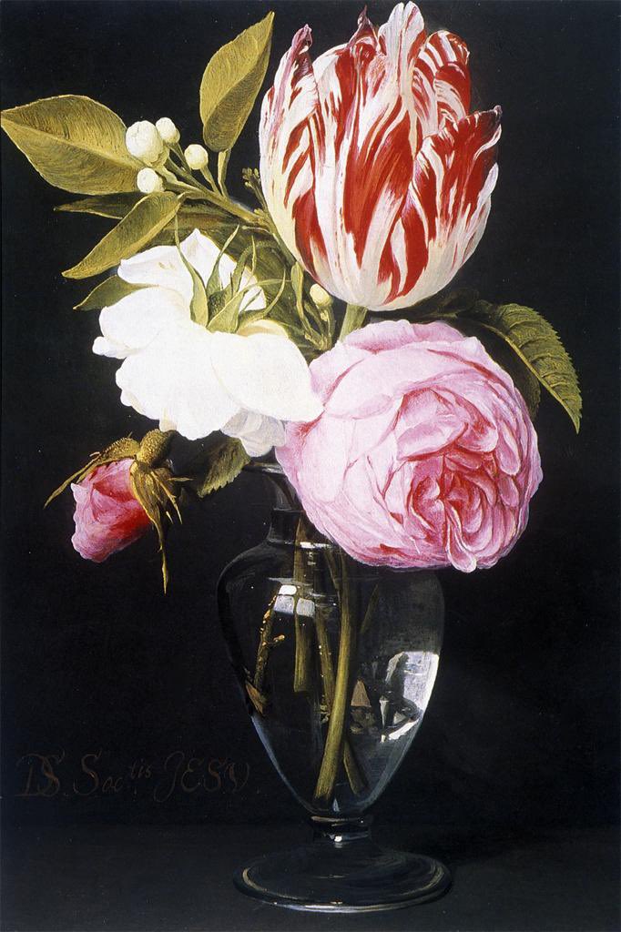 Tulip &amp; roses in a glass vase. Painted by Daniel Seghers, artist &amp; Jesuit, whose day has been today.