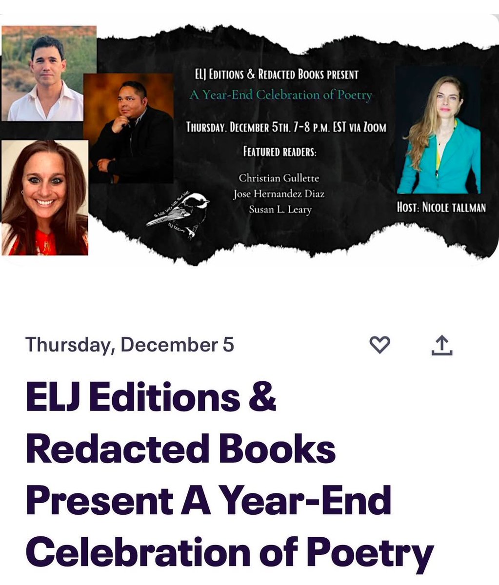 Susan L. Leary (@susanlleary) on Twitter photo Friends! I’m excited to be reading this Thursday night with <a href="/ChrisGullette_/">Christian Gullette</a> & <a href="/JoseHernandezDz/">Jose Hernandez Diaz</a> as part of the Be Well Reading Series year-end poetry celebration! Thanks so much to <a href="/natallman/">Nicole Tallman</a> for the invitation! 💙
Register at the link: eventbrite.com/e/elj-editions… Friends! I’m excited to be reading this Thursday night with <a href="/ChrisGullette_/">Christian Gullette</a> & <a href="/JoseHernandezDz/">Jose Hernandez Diaz</a> as part of the Be Well Reading Series year-end poetry celebration! Thanks so much to <a href="/natallman/">Nicole Tallman</a> for the invitation! 💙
Register at the link: eventbrite.com/e/elj-editions…