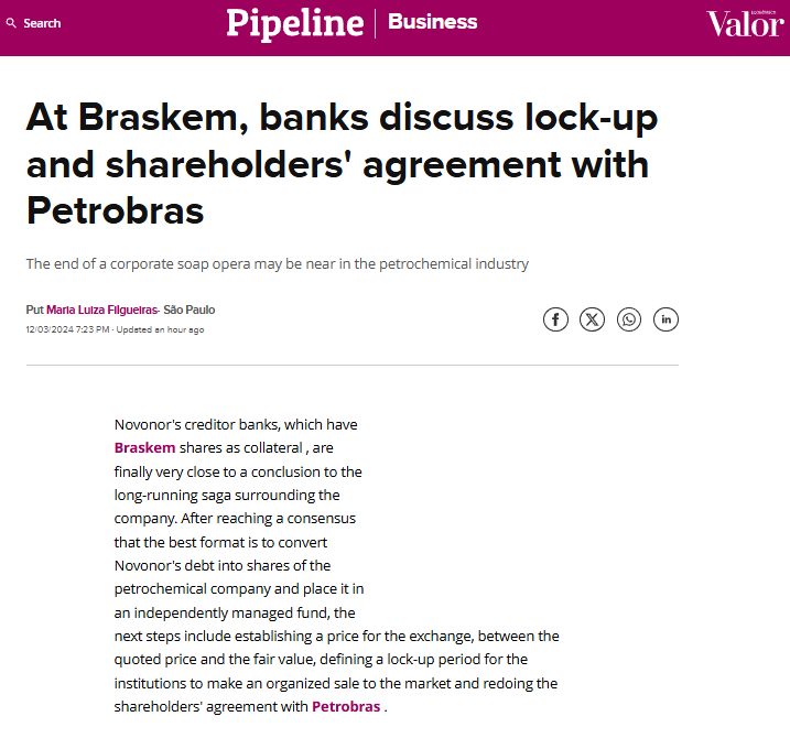 filiusVi's tweet photo. Banks x $PBR X Braskem x Novonor solution seems to be maturing.

If banks convert their credits to #BRKM5 shares, sooner or later they will pump the company price to sell them.

$BAK Braskem https://t.co/O7BQMIJQxm