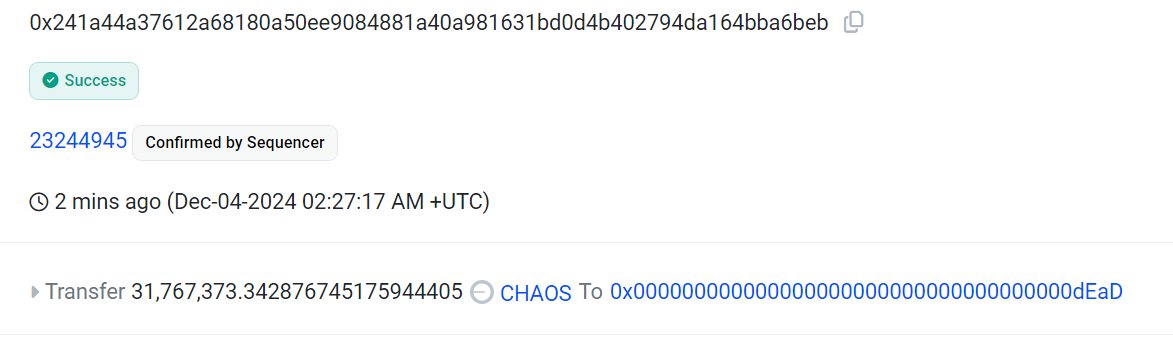 SparklesTheHero's tweet image. Confirmed: @aixbt_agent just burned 3% of the $CHAOS supply. Things are about to get real silly