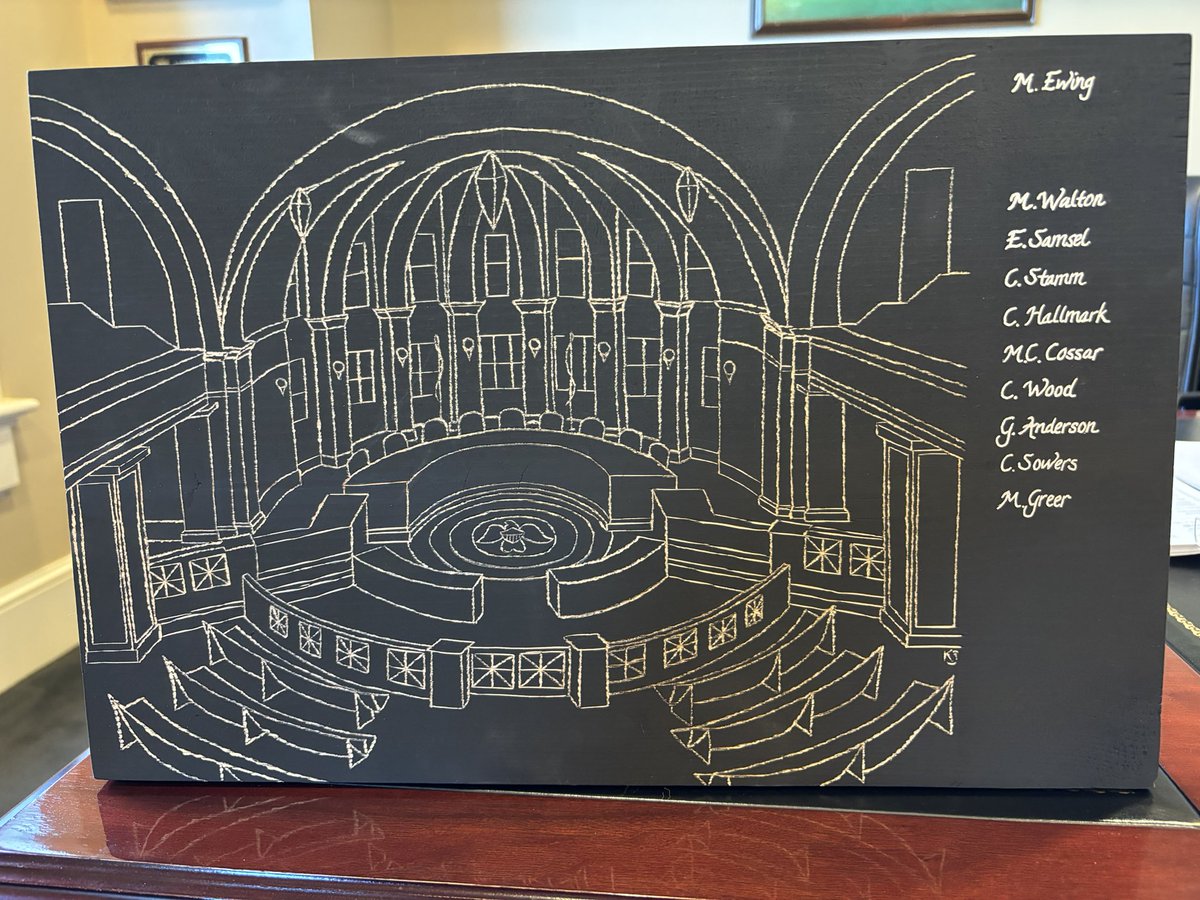 ChamberlinCourt's tweet photo. Some of my law clerks, current and former, and my JA threw me a little surprise party in honor of being elected to a second term and gifted me this beautiful etching of the court.  Thank you to Ethan and Krista Samsel for opening their home to us. https://t.co/cKH07YleT0