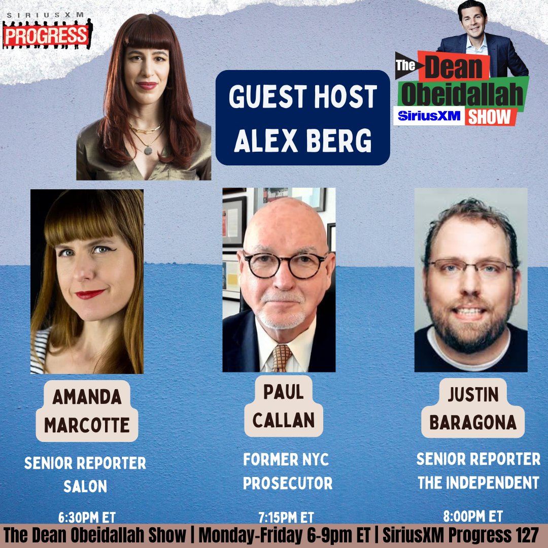 The Dean Obeidallah Show is live! 

<a href="/itsalexberg/">Alex Berg</a>  is here to break down the news from the day!

Joining her today is <a href="/AmandaMarcotte/">Amanda Marcotte</a> of <a href="/Salon/">Salon</a>, <a href="/PaulCallan/">Paul Callan</a>, and <a href="/justinbaragona/">Justin Baragona</a> of <a href="/Independent/">The Independent</a>!

☎️: 866-997-4748
🔊: SiriusXM.us/Dean