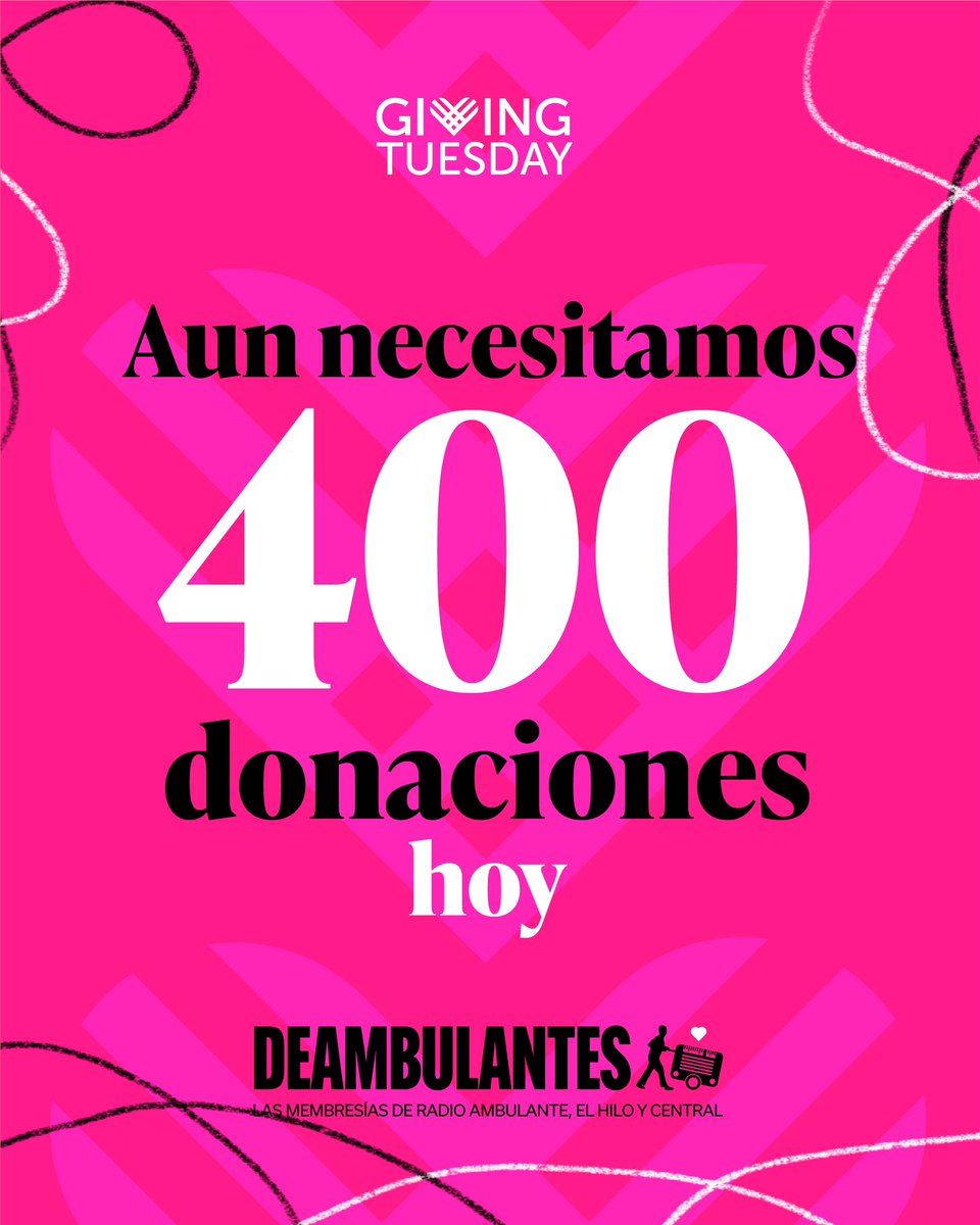 ¡Necesitamos unir fuerzas!
Aún nos faltan 400 donaciones para llegar a nuestra meta de recaudación de hoy. Tu ayuda nos permitirá seguir de pie haciendo el periodismo que necesita esta región. #GivingTuesday 
Dona aquí: radioambulante.org/x-donar