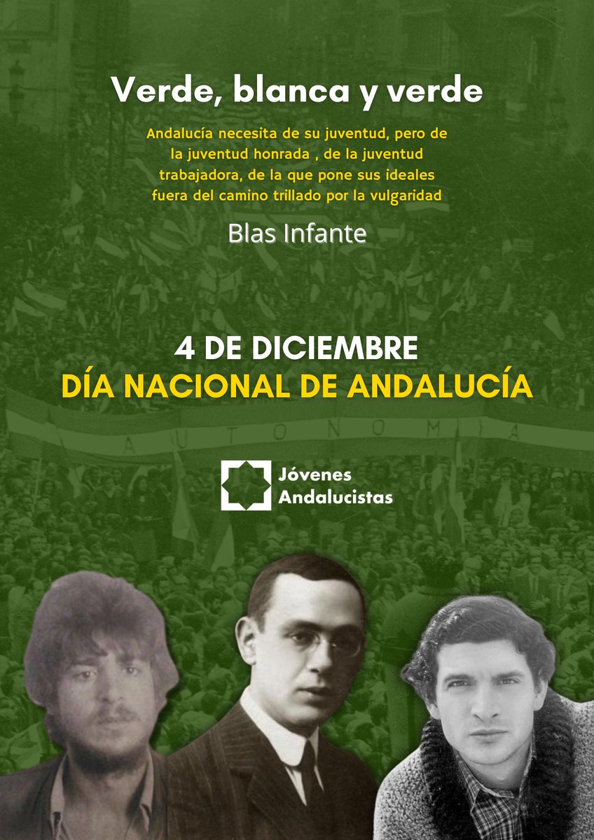Va por vosotros. Por Caparrós, por Blas Infante, por Carlos Cano.

Por todas y todos los que lucharon por nuestro pueblo. Por la Andalucía que tanto nos necesita.

Feliz 4 de diciembre, ¡día nacional de Andalucía!

💚