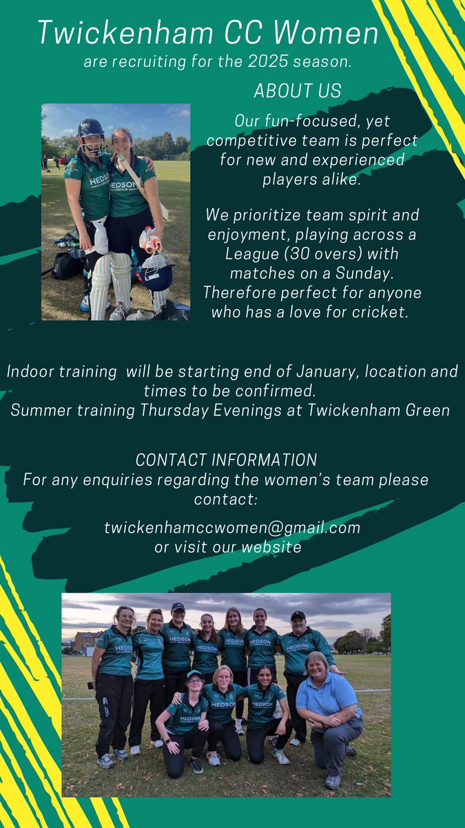 Twickenham CC Women; very much open for business in 2025.

Do get in touch if you fancy getting involved. 

<a href="/Twixladiescc/">Twickenham Women CC</a>