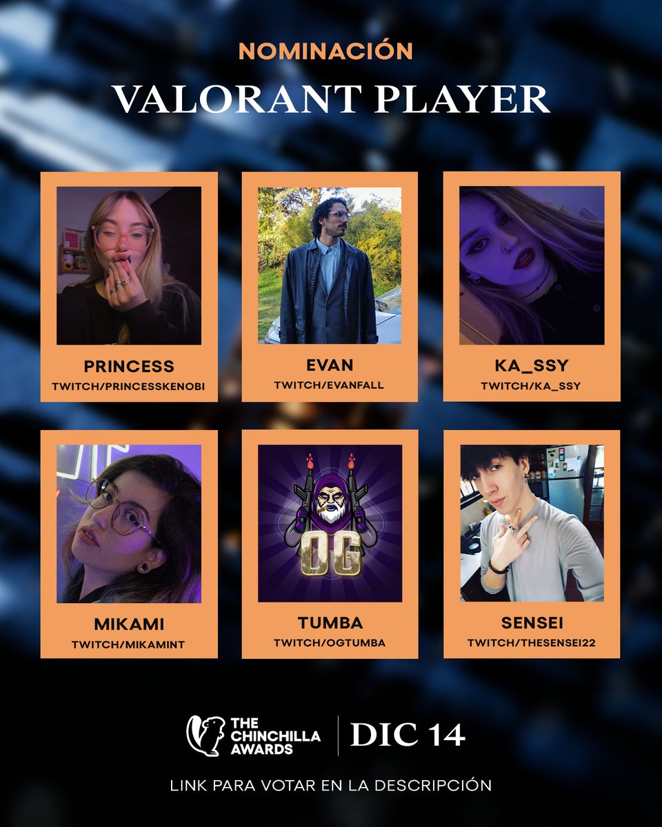 _Gallardd's tweet image. 🏆Categoría: Valorant Player🏆

📢NOMINADOS📢

- @princesskenobi_ 
- @joaaquinbg 
- #ka_ssy
- @mikamint_ 
- @OG_Tumba 
- #TheSensei22

📝Votá por alguno de ellos acá: thechinchillaawards.netlify.app