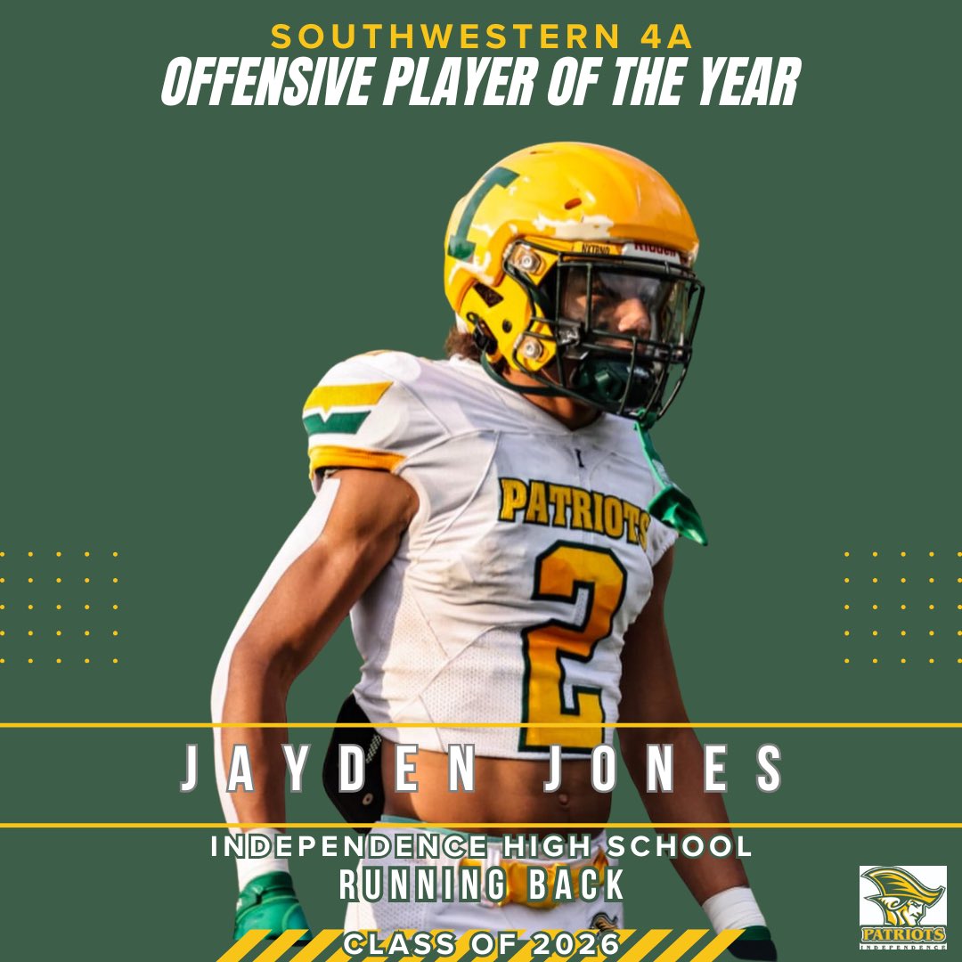 Darryl Mcfadden jr (@dj_mcfadden11) on Twitter photo Congratulations to Jayden Jones being named Southwestern 4A OPTY <a href="/JonesJayden21/">Jayden Jones</a> <a href="/BigIFootball/">Independence FB</a> Congratulations to Jayden Jones being named Southwestern 4A OPTY <a href="/JonesJayden21/">Jayden Jones</a> <a href="/BigIFootball/">Independence FB</a>