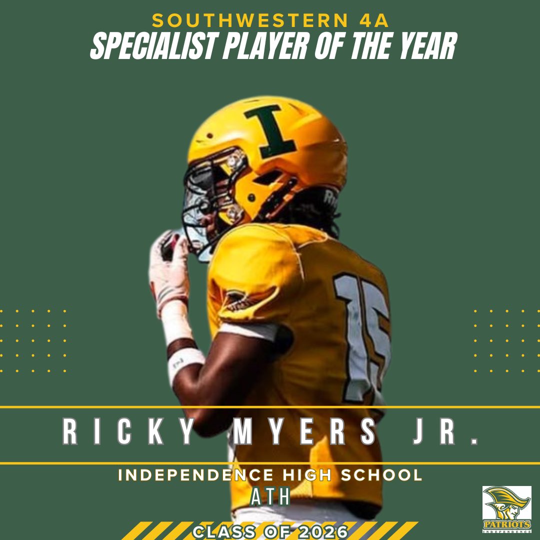 Darryl Mcfadden jr (@dj_mcfadden11) on Twitter photo Congratulations to Ricky Myers being named the Southwestern 4A defensive specialist of the year! <a href="/RickymyersJr10/">Ricky Myers Jr</a> <a href="/BigIFootball/">Independence FB</a> Congratulations to Ricky Myers being named the Southwestern 4A defensive specialist of the year! <a href="/RickymyersJr10/">Ricky Myers Jr</a> <a href="/BigIFootball/">Independence FB</a>