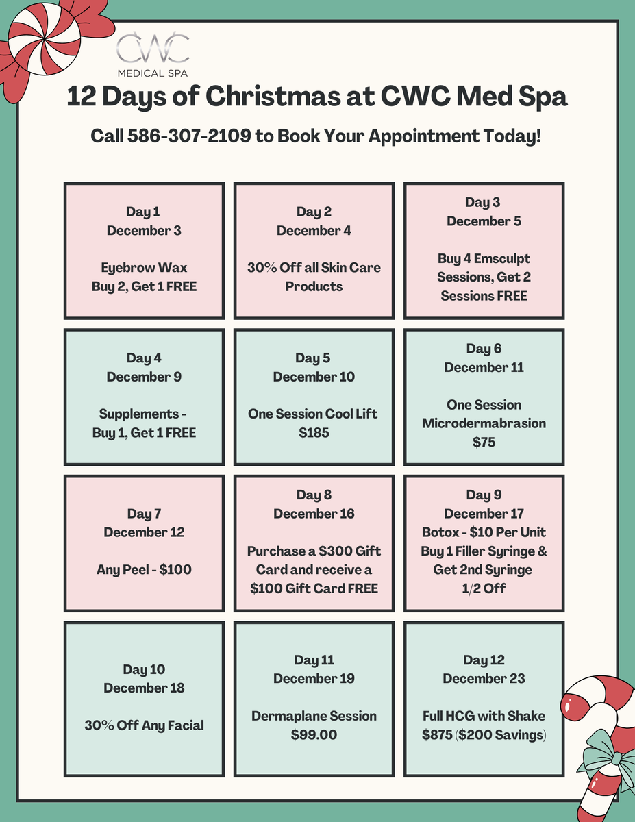 CWCMedSpa's tweet photo. Our 12 days of Christmas is here! 🎄✨ Save BIG on all your favorite treatments!

📞586-307-2109 to book

#12daysofchristmas #special #sale #skincare #emsculpt #coollift #supplements #beauty #microdermabrasion #chemicalpeel #peelseason #giftcard #botox #filler #facial... https://t.co/8b5jL8DAFD