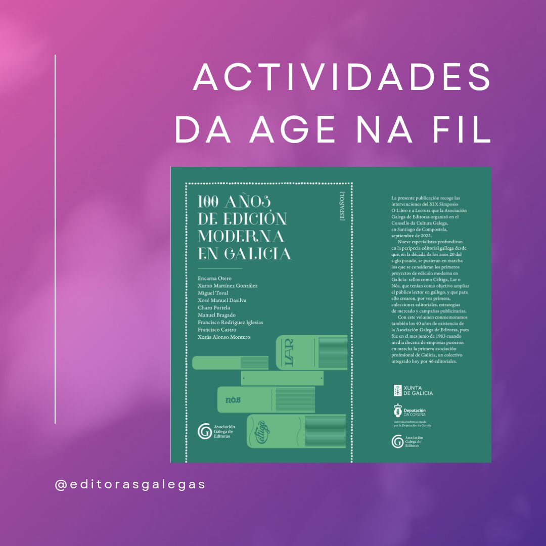 EditorasGalegas's tweet photo. Actividades da Asociación Galega de Editoras na @FILGuadalajara

📑  4 de decembro

⏱️ 11:00 A conferencia e presentación da edición bilingüe do libro 📗 100 años de edición moderna en Galicia

⏱️ 12:00 Presentación do Premio Internacional Compostela para Álbumes Ilustrados https://t.co/DttpvEkvoD