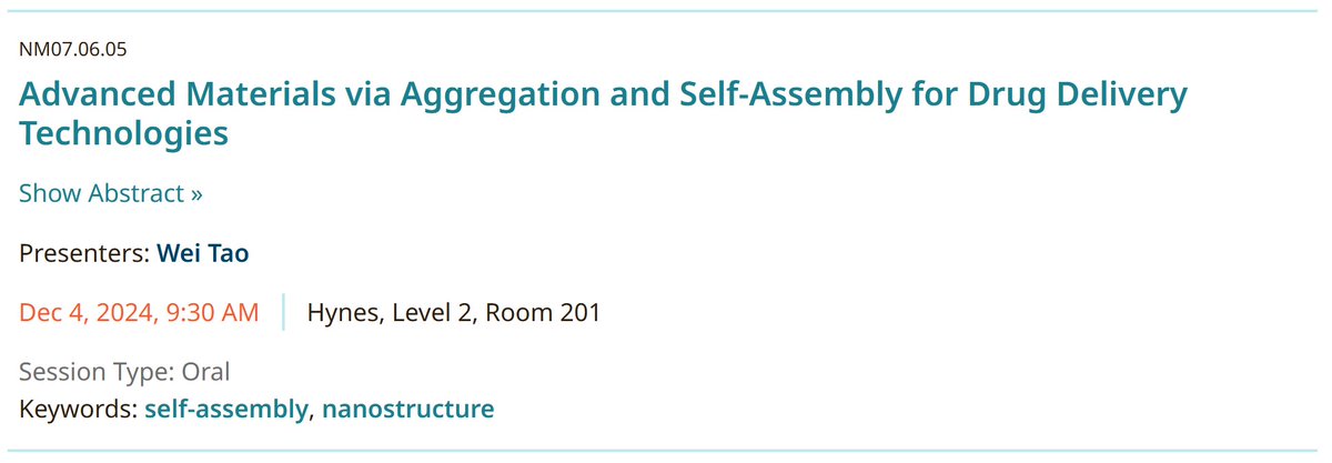 <a href="/WeiTaoLab/">Wei Tao</a> is invited and will deliver a talk on Drug Delivery Technologies <a href="/Materials_MRS/">Materials Research Society (MRS)</a> 2024 Fall Meeting. We are also on the way to translating our technologies into clinical use.