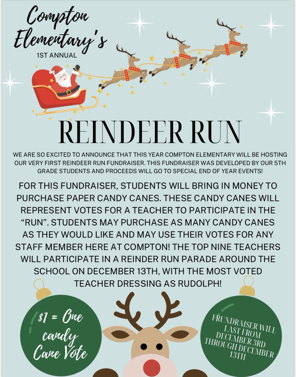 Compton 5th Grade (@compton5thgrade) on Twitter photo We have officially kicked off the Reindeer run here at <a href="/Comptoncubs/">Compton Elementary</a> π¦Mrs. Young is leading the pack right now, with many teachers tied for 8th and 9th place ! Who will be on the leader board tomorrow ? π We have officially kicked off the Reindeer run here at <a href="/Comptoncubs/">Compton Elementary</a> π¦Mrs. Young is leading the pack right now, with many teachers tied for 8th and 9th place ! Who will be on the leader board tomorrow ? π