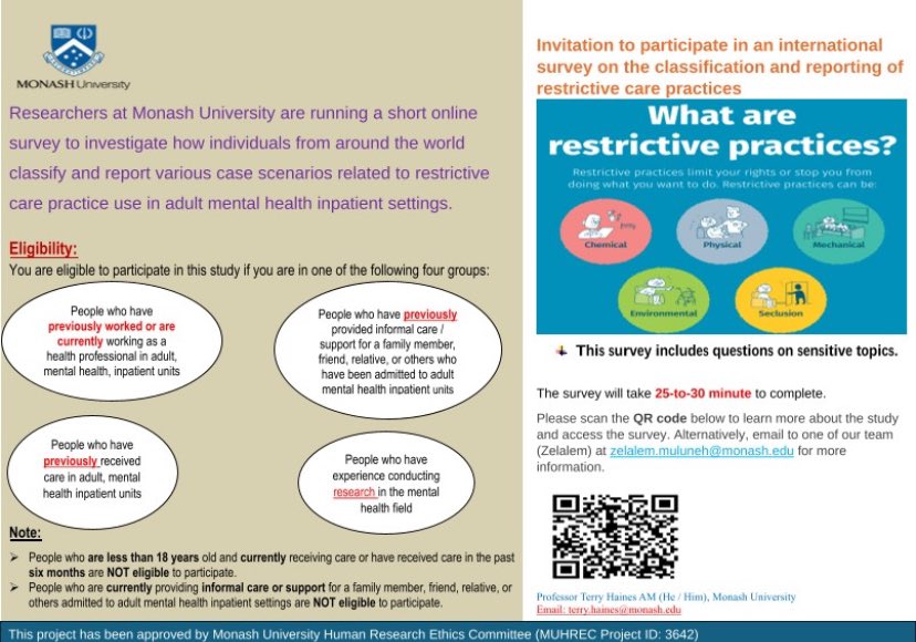 Invitation to participate in an international survey on restrictive practice use in adult mental health inpatient settings.For more information about the study and access the survey questions, click the link provided: [lnkd.in/gyHXuf6F] or scan the QR code in the  flyer.