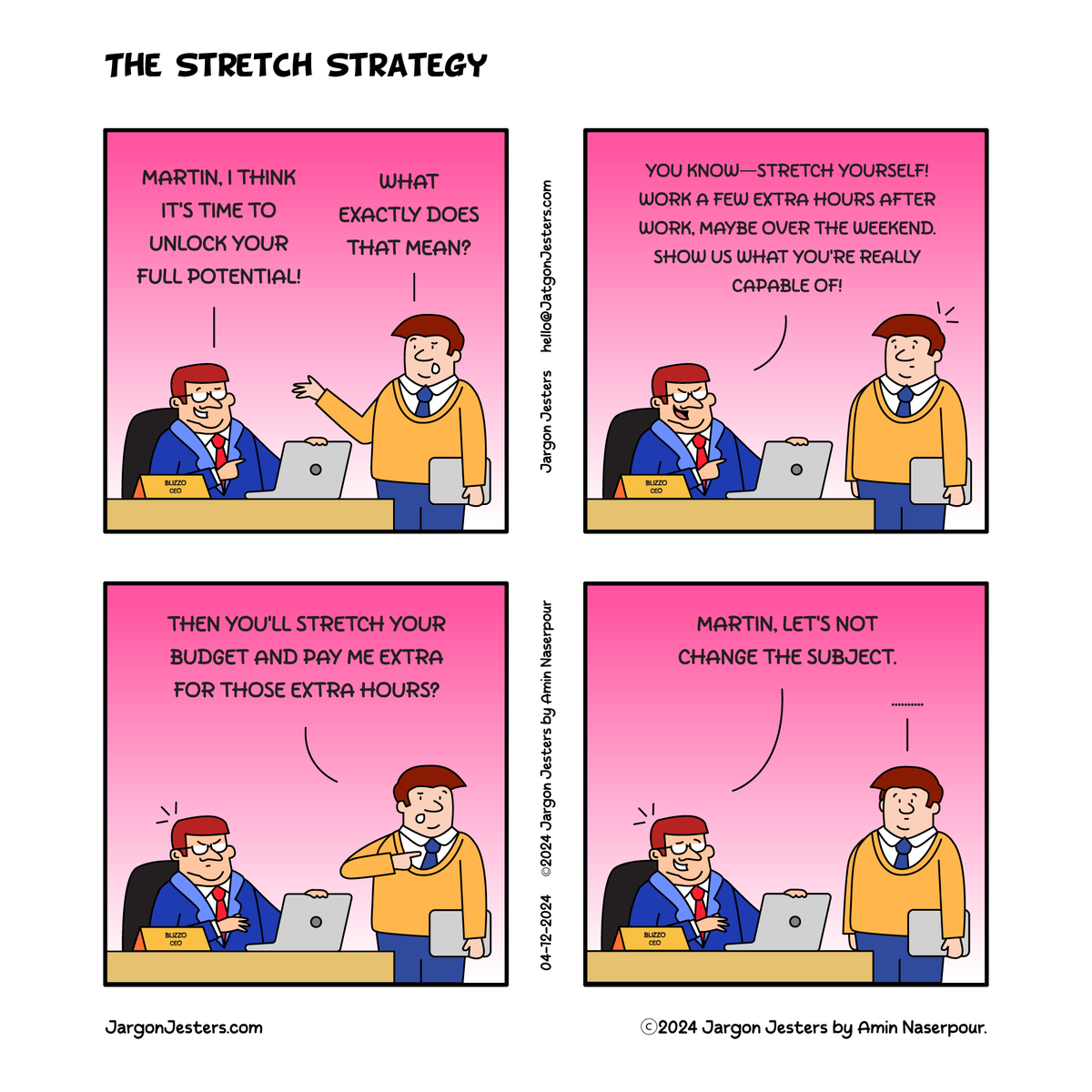 jargonjesters's tweet photo. When Blizzo talks about “stretching potential,” Martin learns it’s just unpaid overtime in disguise. Watch the eye-roll-worthy magic unfold!

#jargonjesters #officecomic #HR #workplacememe #sales #salesmanager #business https://t.co/9DylBrrxOx