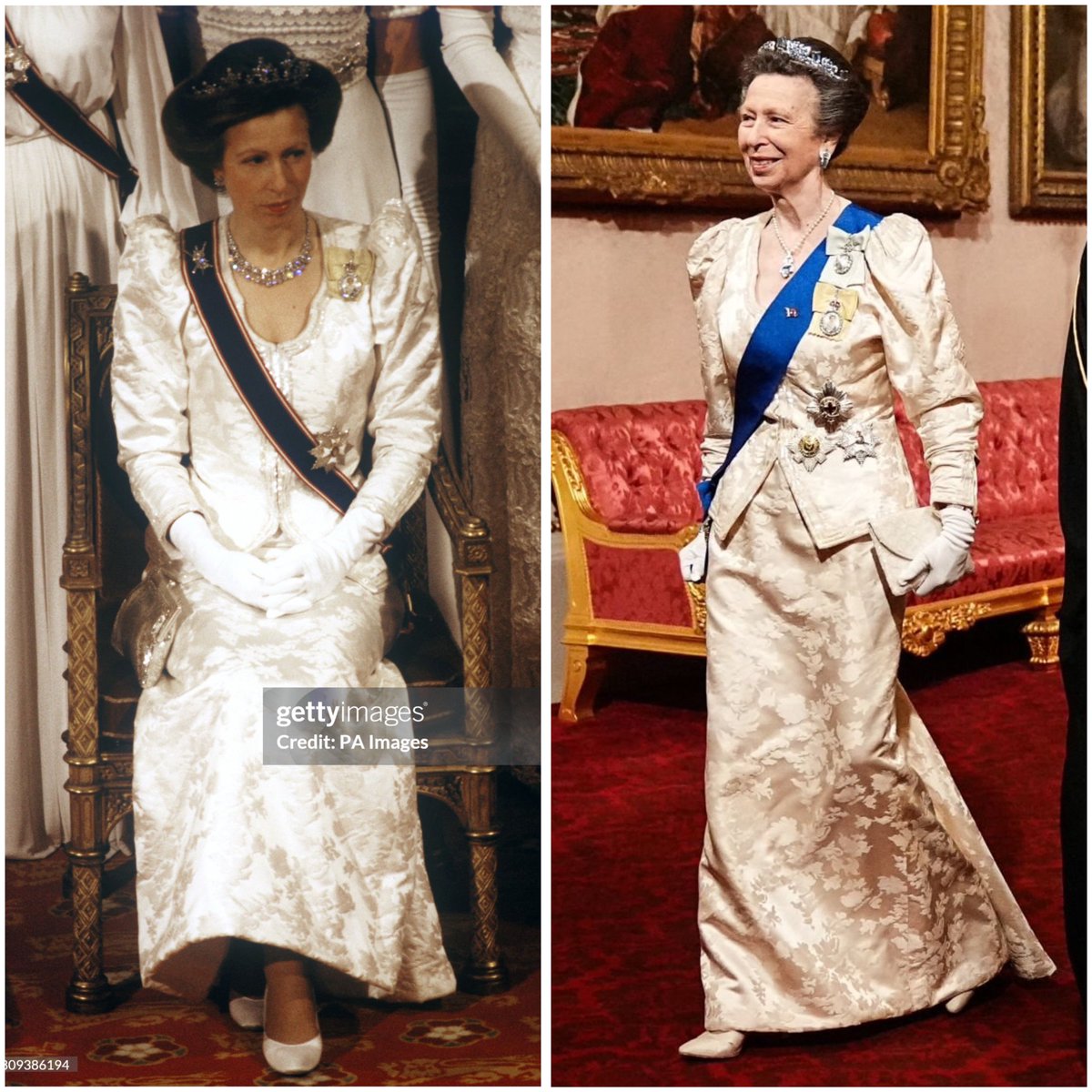 royalnewsss's tweet photo. The Princess Royal wearing the same dress, 39 years later 🙌🏼

1985 &amp; 2024 👑 https://t.co/uxj38kZVSF