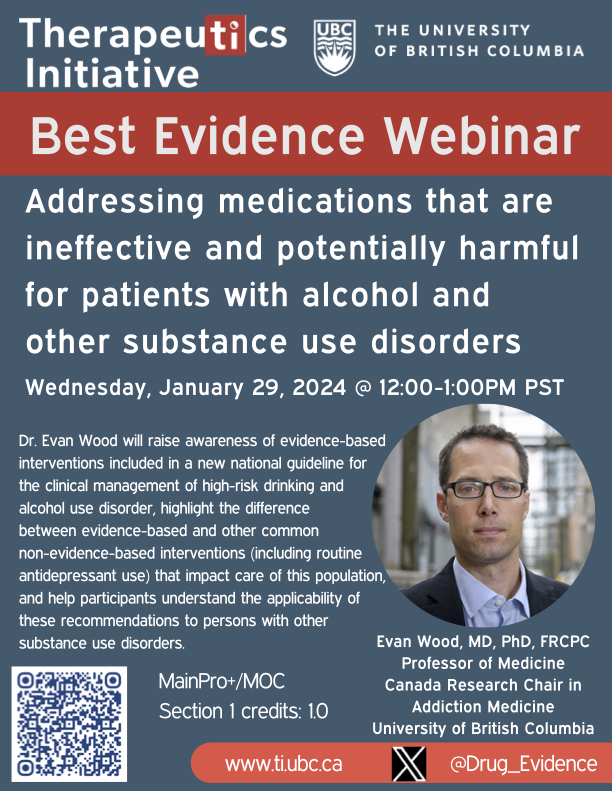 Drug_Evidence's tweet image. 🚨 Jan 29 TI #BestEvidence Webinar

Addressing medications that are ineffective &amp;amp; potentially harmful for pts with alcohol &amp;amp; other substance use disorders 💊⚠️

Speaker: Dr. Evan Wood @UBCmedicine
Register: ti.ubc.ca/harms-aud-sud/

MainPro+ #meded #ptsafety #SubstanceUseDisorder