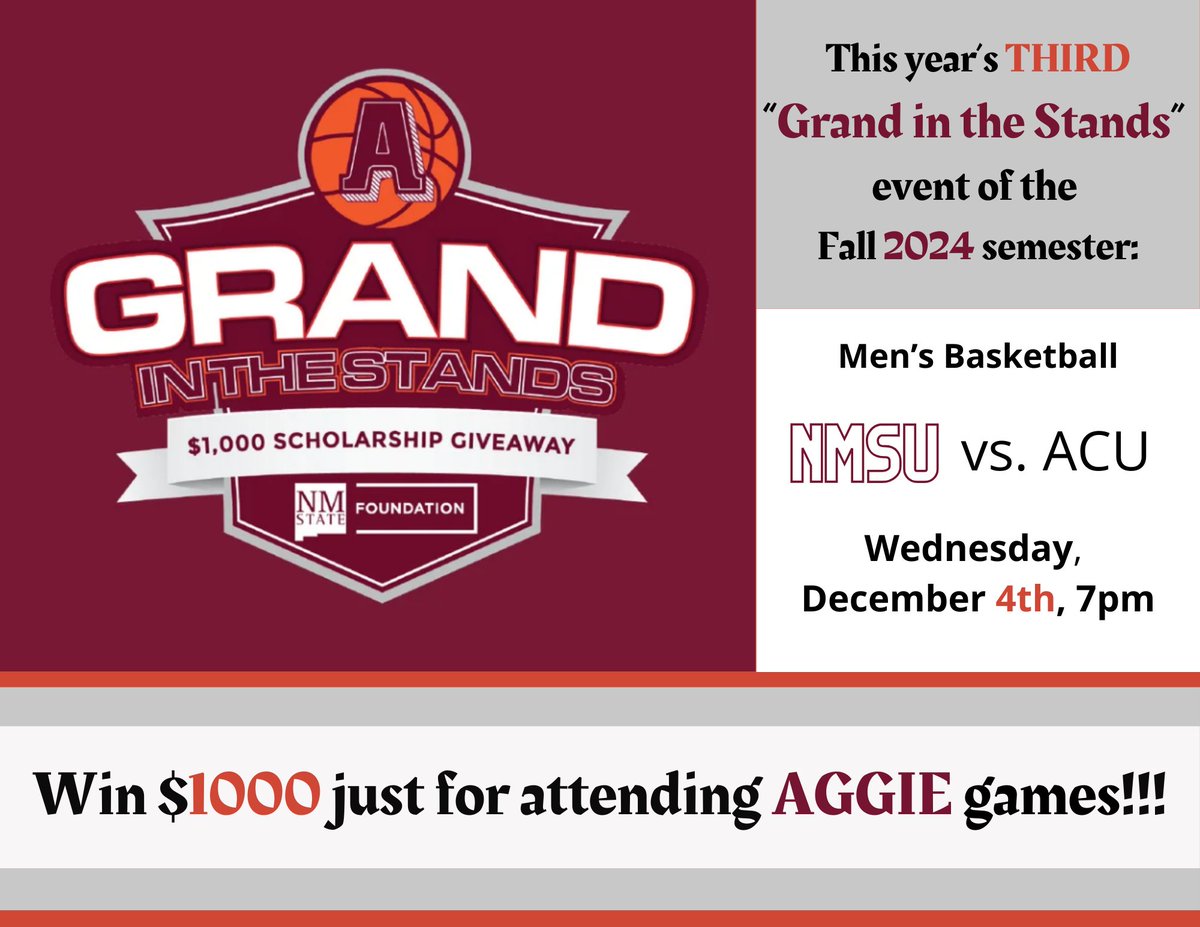 NMSU Financial Aid & Scholarship Services (@nmsufinaid) on Twitter photo ATTENTION NMSU students: come to the Pan Am this Wednesday to watch Men's Basketball & you could win $1000!!!
For more information, visit: nmsualumni.org/a-grand-in-the… ATTENTION NMSU students: come to the Pan Am this Wednesday to watch Men's Basketball & you could win $1000!!!
For more information, visit: nmsualumni.org/a-grand-in-the…