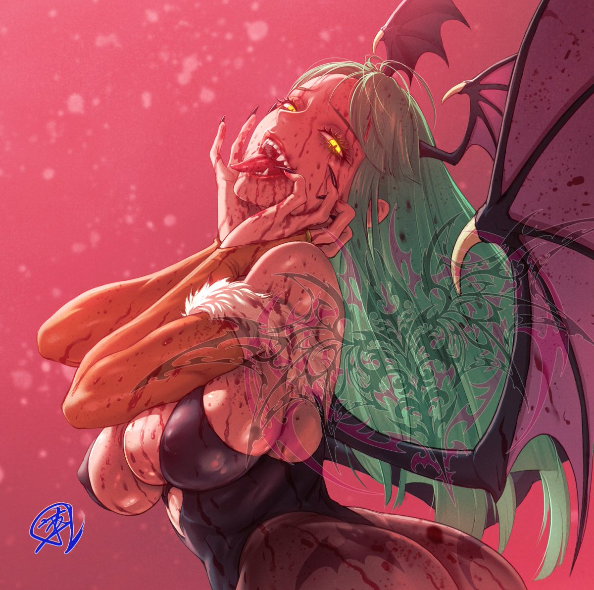 e_i_s_h_u_n's tweet photo. モリガン本描き下ろしイラスト。ホラーテイストなチミドロモリガン。
新刊には全身掲載。
#C105新刊 https://t.co/lzgQC03epZ