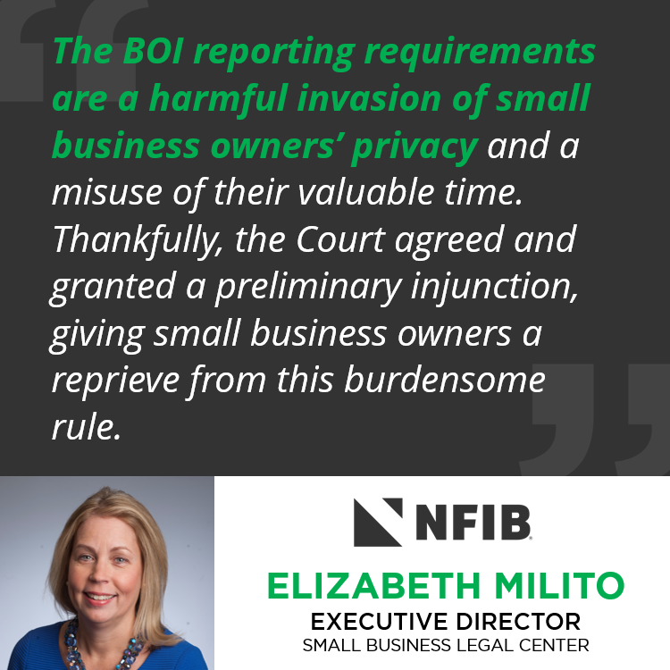 NFIB's tweet photo. An NFIB-led lawsuit challenging the Corporate Transparency Act resulted in a nationwide injunction against the onerous reporting requirements, making them unenforceable. A huge win for #smallbiz!

Learn more about #NFIB's efforts: https://t.co/O32eVYbTa5 https://t.co/5iOs6JIu9A