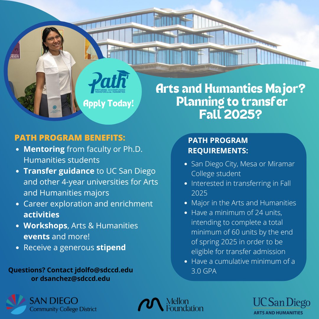 sdccdpath's tweet image. The PATH program is now accepting applicants for the 2024-2025 academic year!

Get to know experienced Arts and Humanities professionals and prepare for your career.

Use the Link tree in our bio to submit your Mentee Application today!