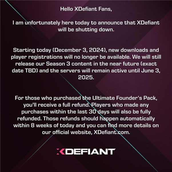 PlayXDefiant's tweet image. Dear Players,

Important message: XDEFIANT IS SUNSETTING!

Thank you for your incredible support and dedication to XDEFIANT. We regret to inform you that we are initiating the sunset process starting today, December 3, 2024.
As a result, new downloads, player registrations and…