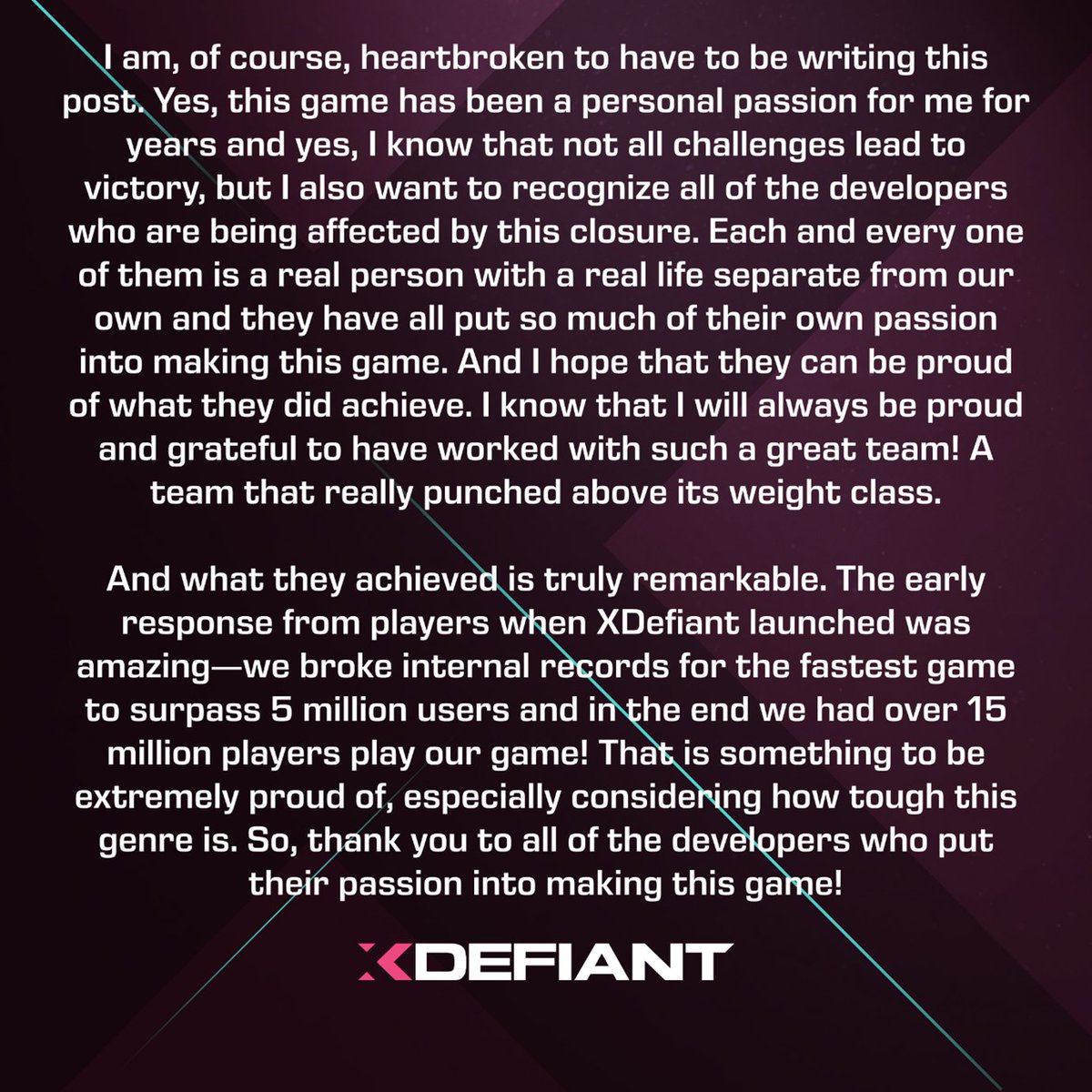 PlayXDefiant's tweet image. Dear Players,

Important message: XDEFIANT IS SUNSETTING!

Thank you for your incredible support and dedication to XDEFIANT. We regret to inform you that we are initiating the sunset process starting today, December 3, 2024.
As a result, new downloads, player registrations and…