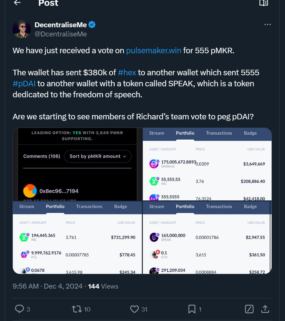 🚨 More Breaking #pDAI News: 

The Giant 555-voter pDAI Wallet was holding "Speak Token"

Speak Token is COMMITTED to PROTECTING FREE SPEECH on PulseChain.

💟 This is a Common Richard Heart Talking Point.

Once again, I find it unlikely someone with $4 million dollars+ would
