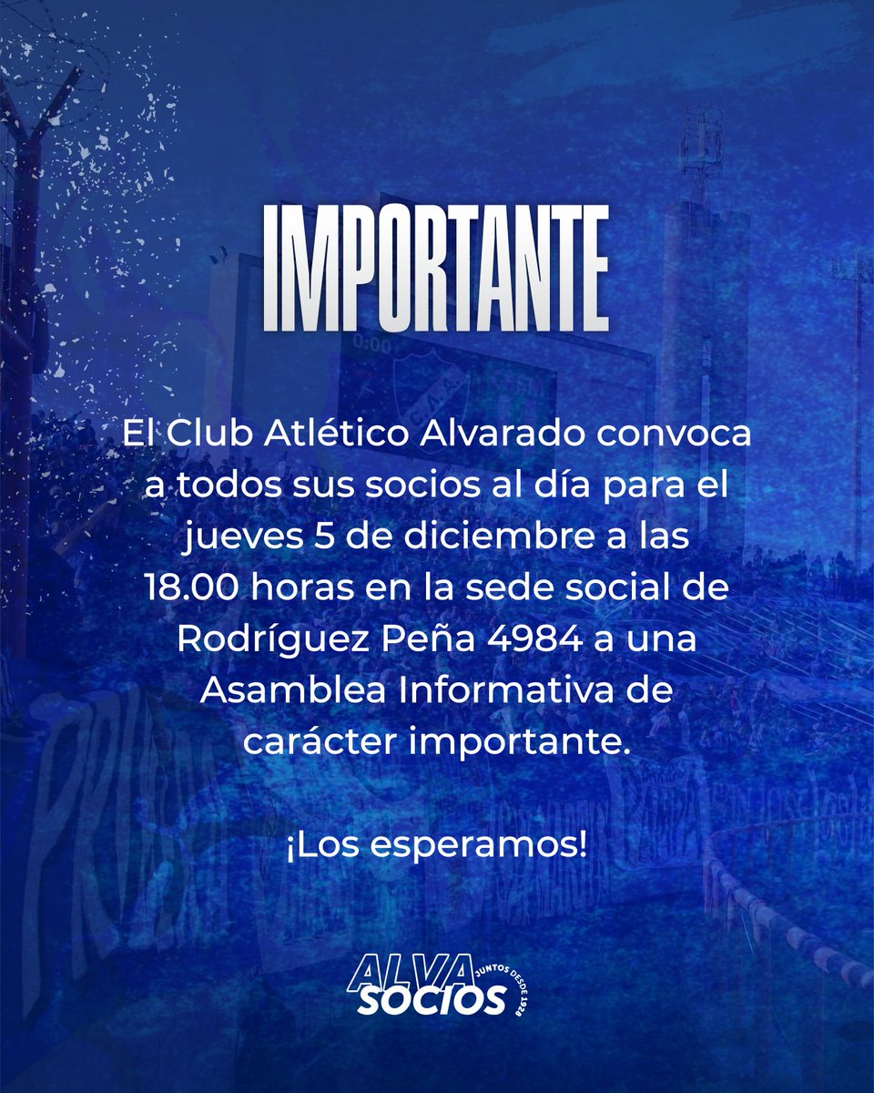 ClubAlvaOficial's tweet photo. #Institucional 𝗖𝗼𝗻𝘃𝗼𝗰𝗮𝘁𝗼𝗿𝗶𝗮 𝗶𝗺𝗽𝗼𝗿𝘁𝗮𝗻𝘁𝗲 𝗮 𝗹𝗼𝘀 𝘀𝗼𝗰𝗶𝗼𝘀 𝗮𝗹 𝗱í𝗮 https://t.co/OZoI0coFZH