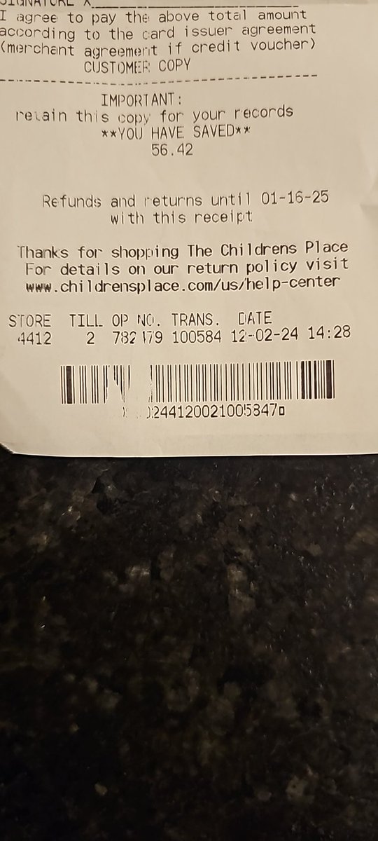 Help! <a href="/childrensplace/">Childrensplace</a> I bought 3 pairs of pants at the Liberty Center store in OH.

I just tried to return 2 of them. Receipt in hand. 

The manager was rude.  I was told the barcode was not readable and nothing could be done. 

This is what printed from your machine???  Help!?