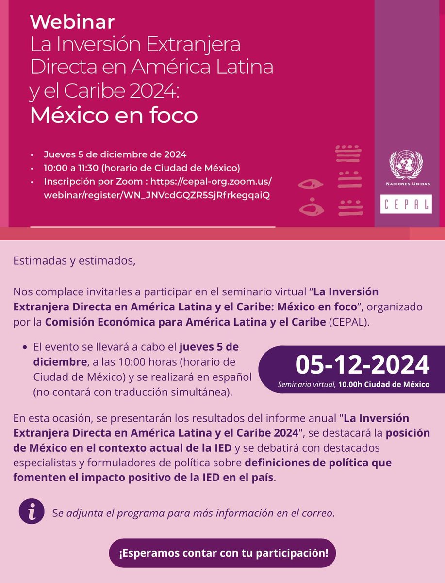 nahueloddone's tweet photo. 📌#Webinar: “La Inversión extranjera Directa en América Latina y el Caribe 2024: México en foco” @cepal_onu 

Jueves 05/12 - 10 AM

Participan:
@vidallerenas
@mdelprete
@SusanaDuqueR
@JMMartinezPiva

La #IED en #México analizada por #CEPAL, @SE_mx, @amsdemex y @ComceOficial https://t.co/THvdgWXklV